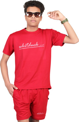 WHITDUCK Men Printed Red Night Suit Set