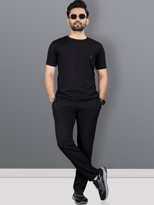 VeBNoR Men Solid Black Night Suit Set