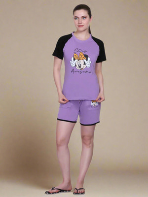 White Moon Women Printed Purple Top & Shorts Set