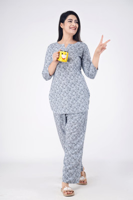 PRADHRUHE Women Printed Grey, Black Top & Pyjama Set