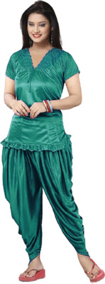 mysie Women Self Design, Solid Green Top & Pyjama Set