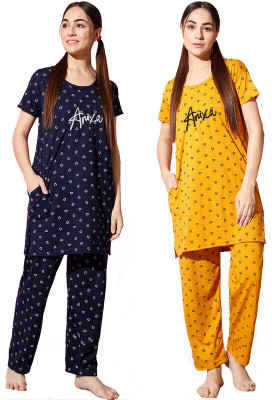 Trendy World Women Printed Yellow, Blue Night Suit Set