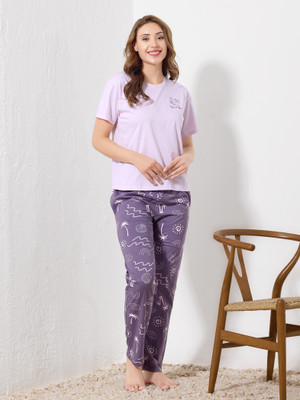 Yoroko Women Printed Purple Top & Pyjama Set