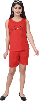 urban cat Girls Printed Red Top & Shorts Set