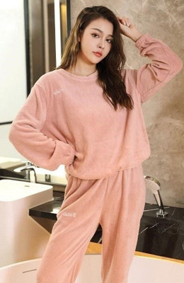 Cut Style Clothing Women Solid Pink Night Suit Set