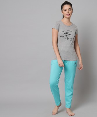 Fit N Fame Women Printed, Solid Grey, Light Blue Top & Pyjama Set