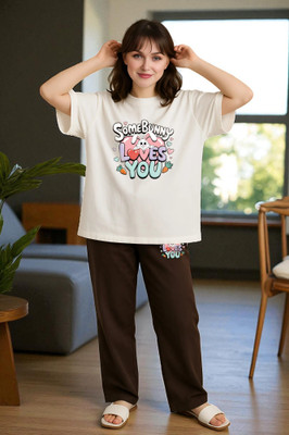 Elvia Women Printed Brown Top & Pyjama Set