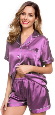 Vd hub Women Solid Purple Night Suit Set