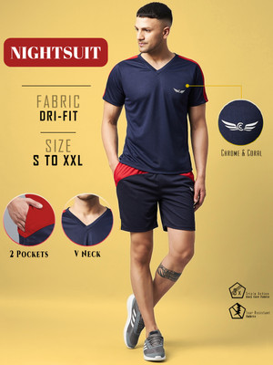 Chrome & Coral Men Colorblock Dark Blue Night Suit Set