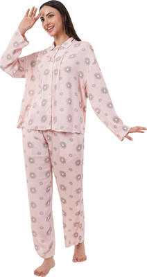 Snoozin Women Printed Pink Night Suit Set