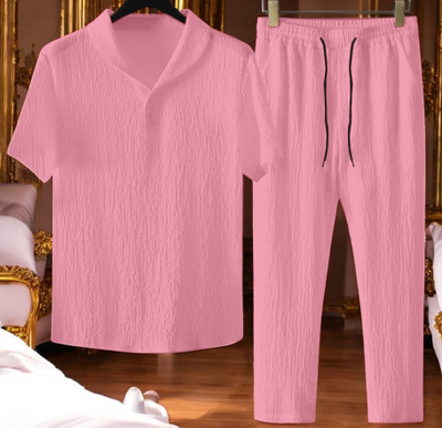 gurukrupa creation Men Self Design Pink Night Suit Set