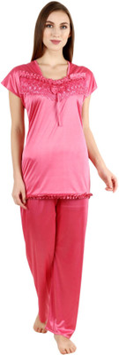 MARDIA Women Solid, Embroidered Pink Top & Pyjama Set