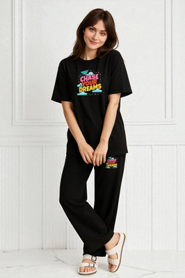 Elvia Women Printed Black Top & Pyjama Set