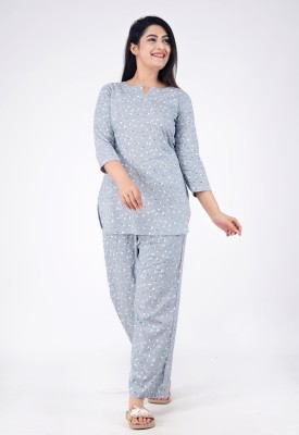 MintMarie Women Printed Grey, White Night Suit Set