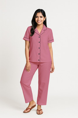 FAB FIT Girls Solid Pink Night Suit Set