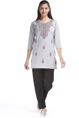 E-MAX Women Embroidered Grey, Black Top & Pyjama Set