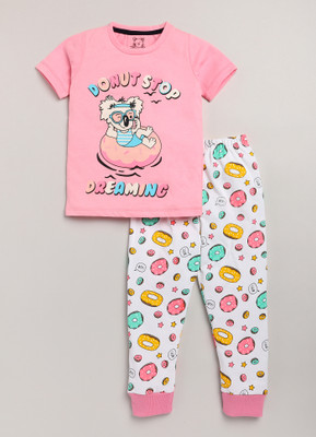 Lazy Shark Girls Printed Pink Night Suit Set