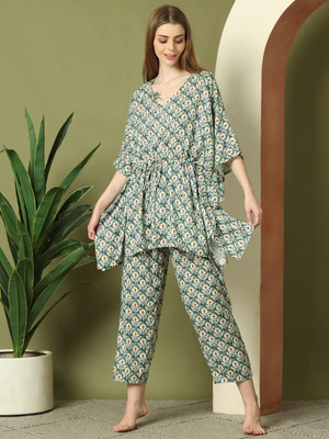 ETC Women Printed Green Night Suit Set