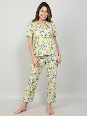 Mackly Women Graphic Print Yellow, Blue Shirt & Pyjama set