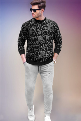 TRIPR Men Printed Black, Grey Night Suit Set