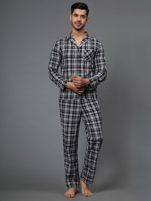 BSTORIES Men Checkered Black Shirt & Pyjama set