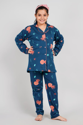 Bloem Girls Animal Print Dark Blue Shirt & Pyjama set
