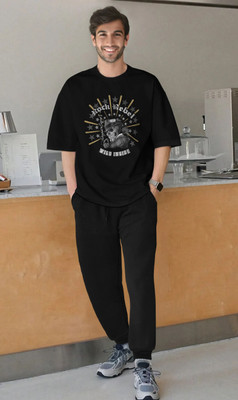 TRIPR Men Printed Black Night Suit Set