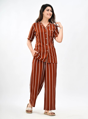 MintMarie Women Striped Brown Shirt & Pyjama set