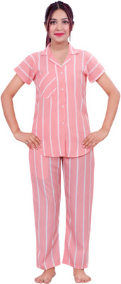 LIBSADRESSES Women Striped Pink Night Suit Set