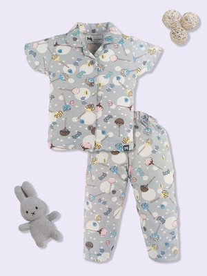 YK X Minute Mirth Baby Girls Printed Grey Night Suit Set
