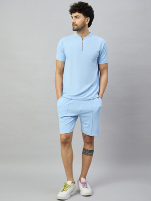 Chrome & Coral Men Solid Blue Night Suit Set