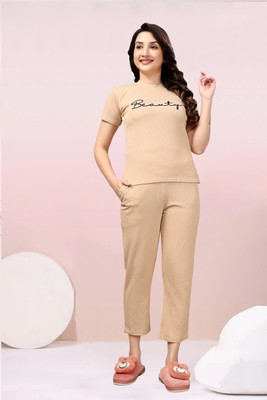 ZEEMBOOLI Women Self Design Beige Top & Pyjama Set