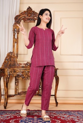 h hiphonic Women Printed Maroon Top & Pyjama Set