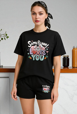 Elvia Women Printed Black Top & Shorts Set