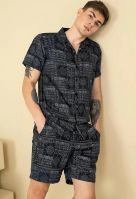 RJ ENTERPRISE Men Printed Black Night Suit Set