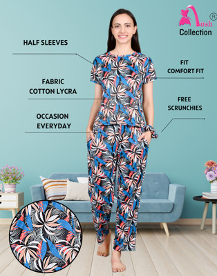 Ansh Collection Women Printed Blue Night Suit Set
