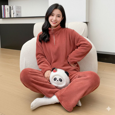 Harsiizone Women Solid Red Top & Pyjama Set