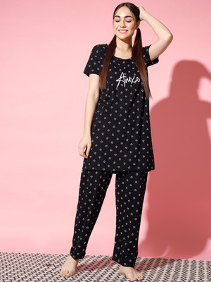 Fame Hype Women Printed Black Night Suit Set