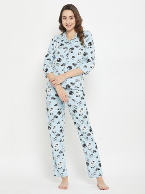 Clovia Women Geometric Print Blue Top & Pyjama Set