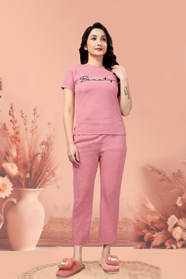 PTELRA Women Printed Pink Night Suit Set