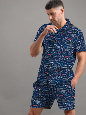 TANISHA FASHION Men Printed Blue, White Night Suit Set