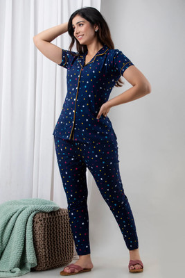METRONAUT Women Printed Blue Night Suit Set