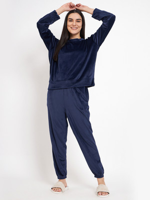 Camey Women Solid Blue Top & Pyjama Set