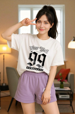 Elvia Women Printed Purple, White Top & Shorts Set