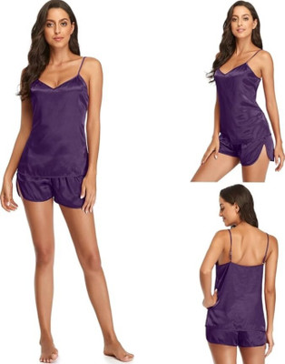 MARDIA Women Solid Purple Night Suit Set
