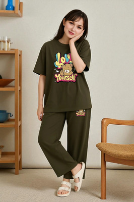 Elvia Women Printed Green Top & Pyjama Set