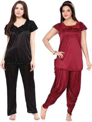 PHALIN Women Solid Maroon, Black Top & Pyjama Set