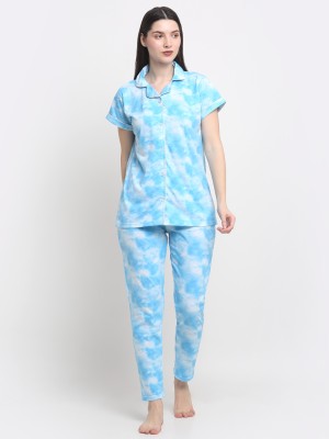 CREEVA Women Printed Light Blue Shirt & Pyjama set