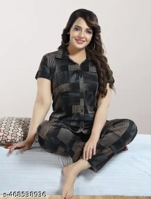 Vania's grace Women Abstract Black Night Suit Set