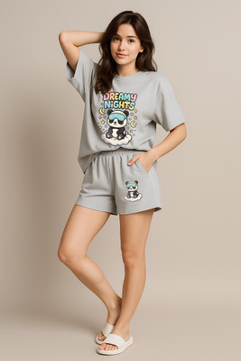 My Swag Women Printed Grey Top & Shorts Set